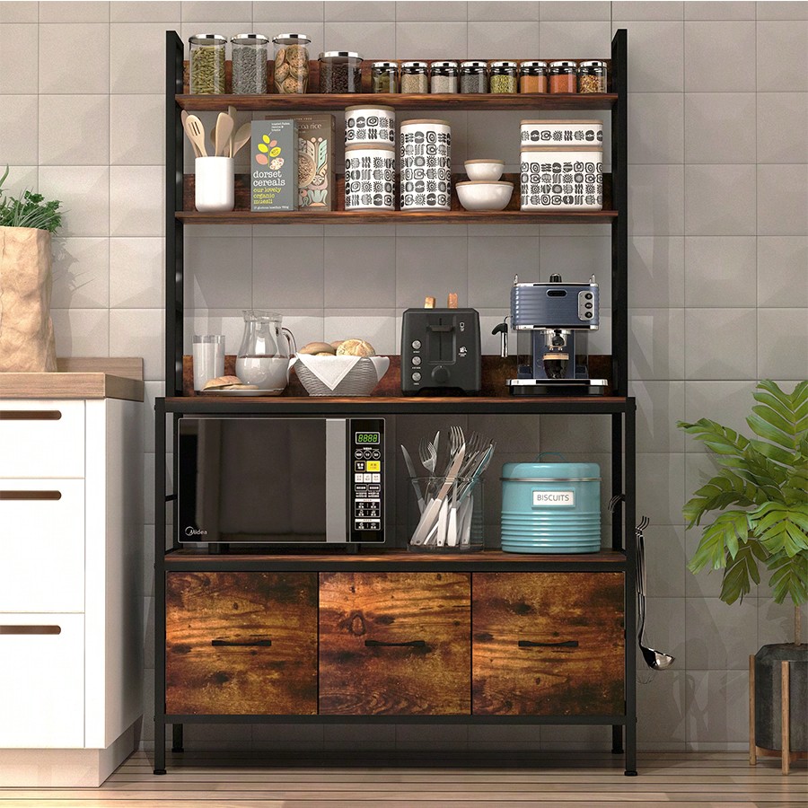Microwave Oven - Kitchen Bakers Rack With 3 Baskets,5-Tier
